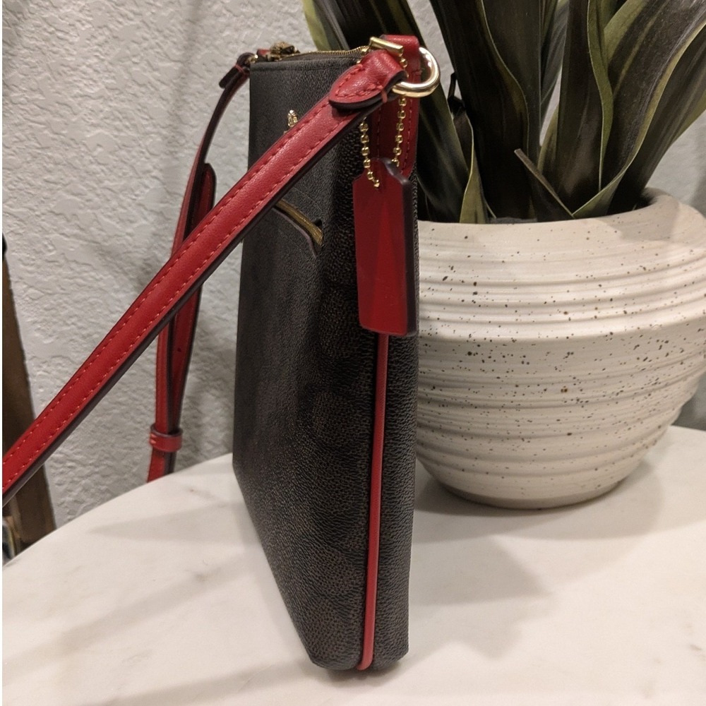 Coach Mini Rowan File Bag and Coach Zip Card Case Walnut w/ Red Trim Authentic - Picture 5 of 16